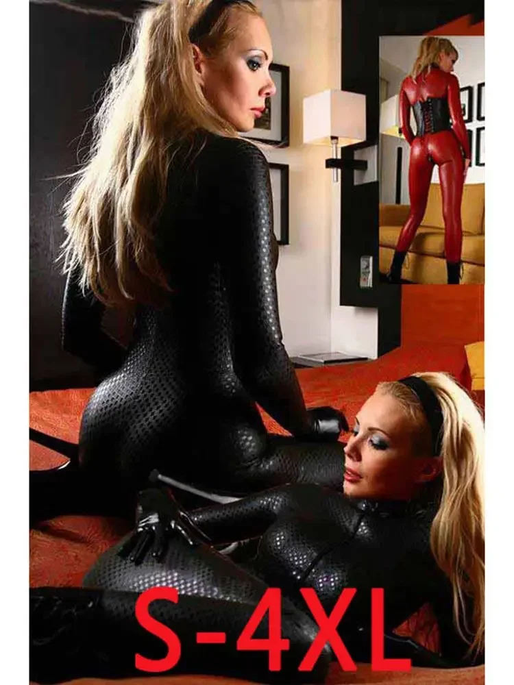 Unisex S-4XL Faux PU Leather Catsuit Long Sleeve Two Way Zipper Open Crotch Bodysuit Tights Sexy Leotard Conjoined Unitard Body