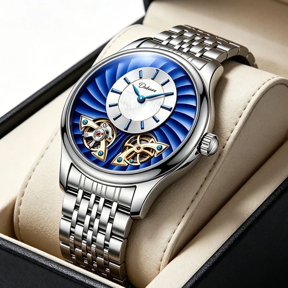 Blue Double Rotating Tourbillon Men's Watch Fashion Stainless Steel Automatic Mechanical Watch For Men Waterproof reloj hombre