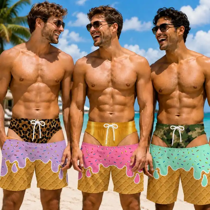 Fun Men's Swim Trunks Ice Cream Cones Fake Buttocks Beach Pants Personalized Novelty, Surfing Shorts, A Spoof Gift for Him