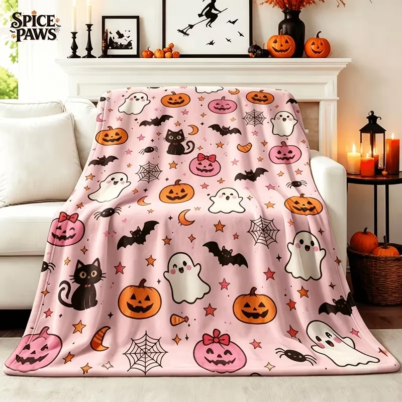Lightweight Flannel Throw Blanket,Halloween Ghost Pumpkin Bat Star Print,Soft Comfortable Blanket for Couch Bed