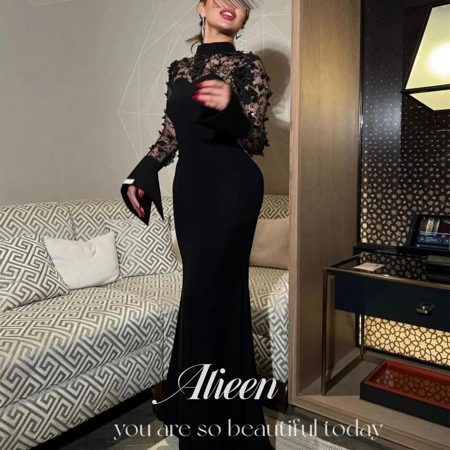 

Aileen Lace Dress Mermaid Customized African Dresses Woman Nigeria Black Evening Round Neck Prom Wedding Ladies Party Elegant