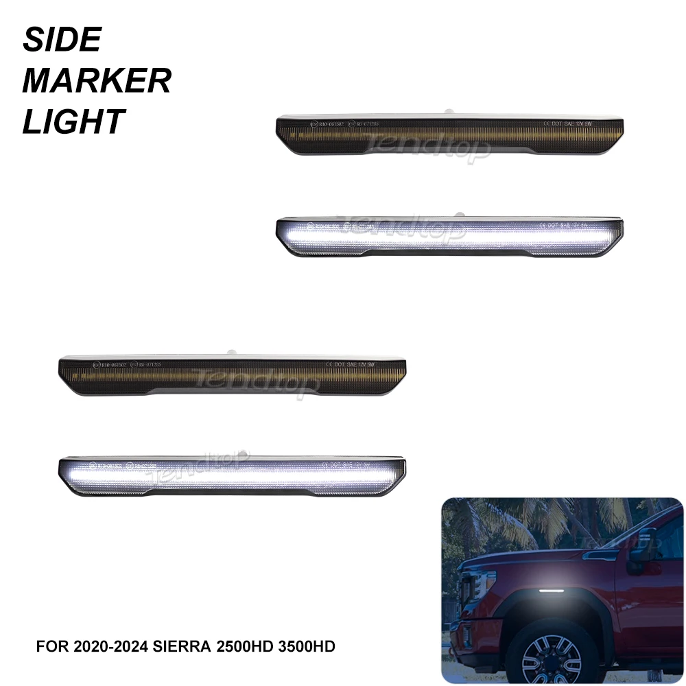 4pcs White LED Flashing Side Marker Light for GMC Sierra 2500HD 3500HD Pickup 2020-2024 Front Rear Bumper Fender Lights