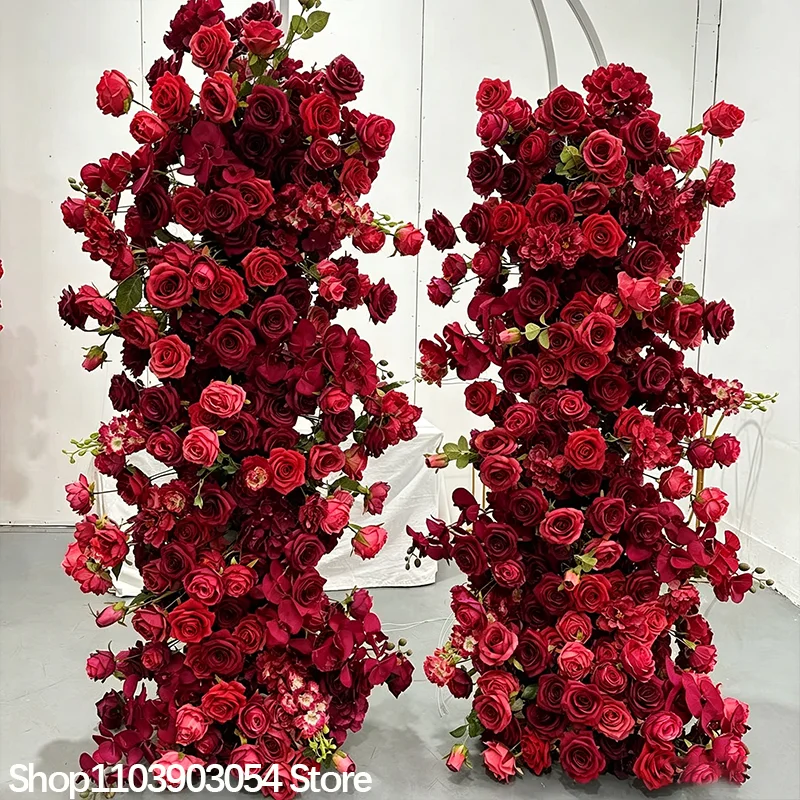 Rote Rosenblumenreihe, künstliches Blumenpaneel, stilvolles Deko-Accessoire, ideal für Hochzeitskulissen, Bühnen, Feiertagspartys und Event-Layouts. – Detail 4