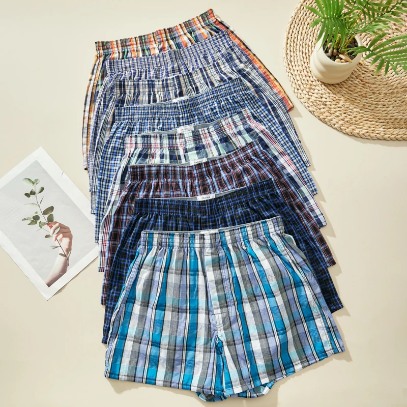 Mens Cotton Boxers Breathable Soft Comfortable Underpants Elastic Waistband Checkered Boxer Shorts Pants for Men Home Daily Wear