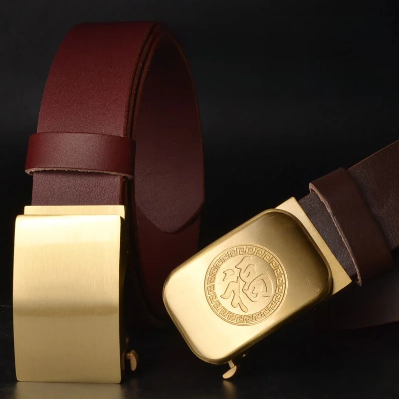 メンズ本革ベルト-真鍮バックル-穴なし-トップレイヤー牛革-大きいサイズ-長さ延長-中高年向け歯なし