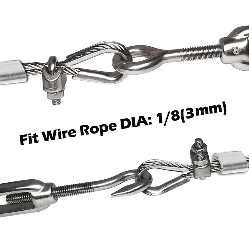 New 20Pcs Heavy Duty Wire Rope Tension Kits Turnbuckle 1/8 Inch Wire Rope Cable Clip/Clamp Thimble Wire Rope Aluminum Sleeve