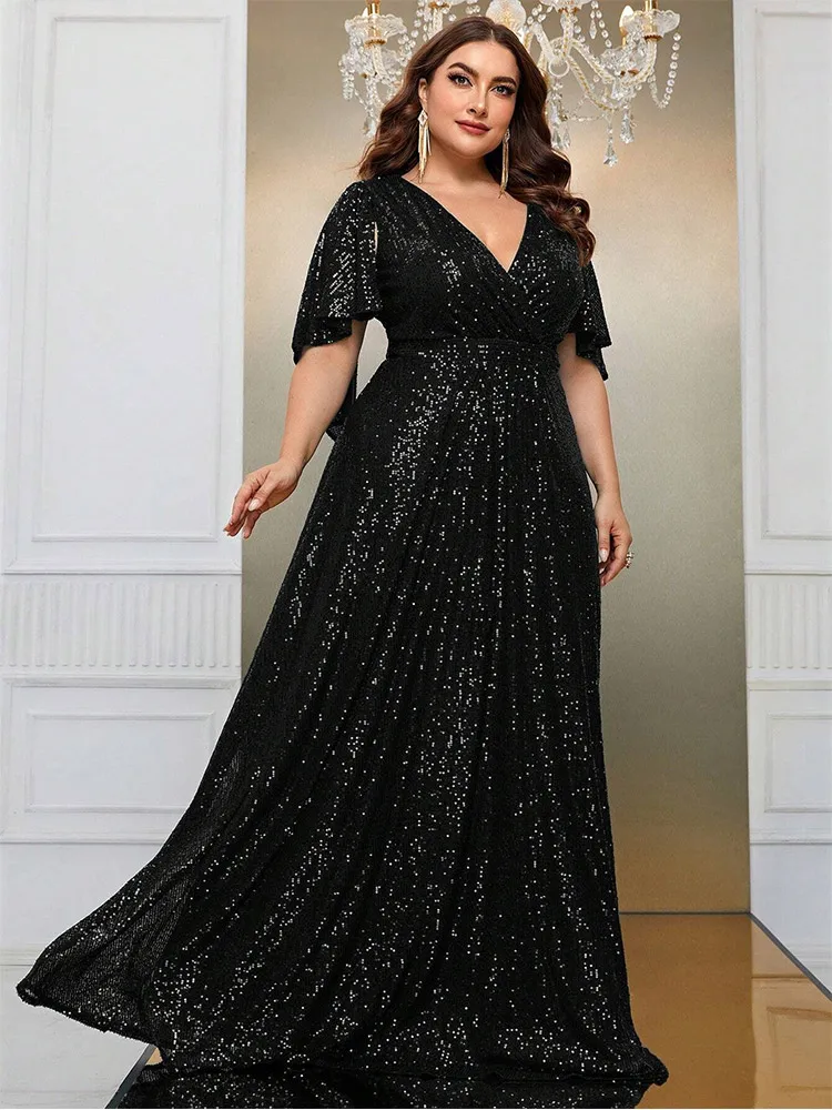 Robe à paillettes à manches courtes pour femme, robe longueur au sol, document personnalisé, multi-documents, Rh, banquet, robe de soirée, grande taille, 4XL, 5XL