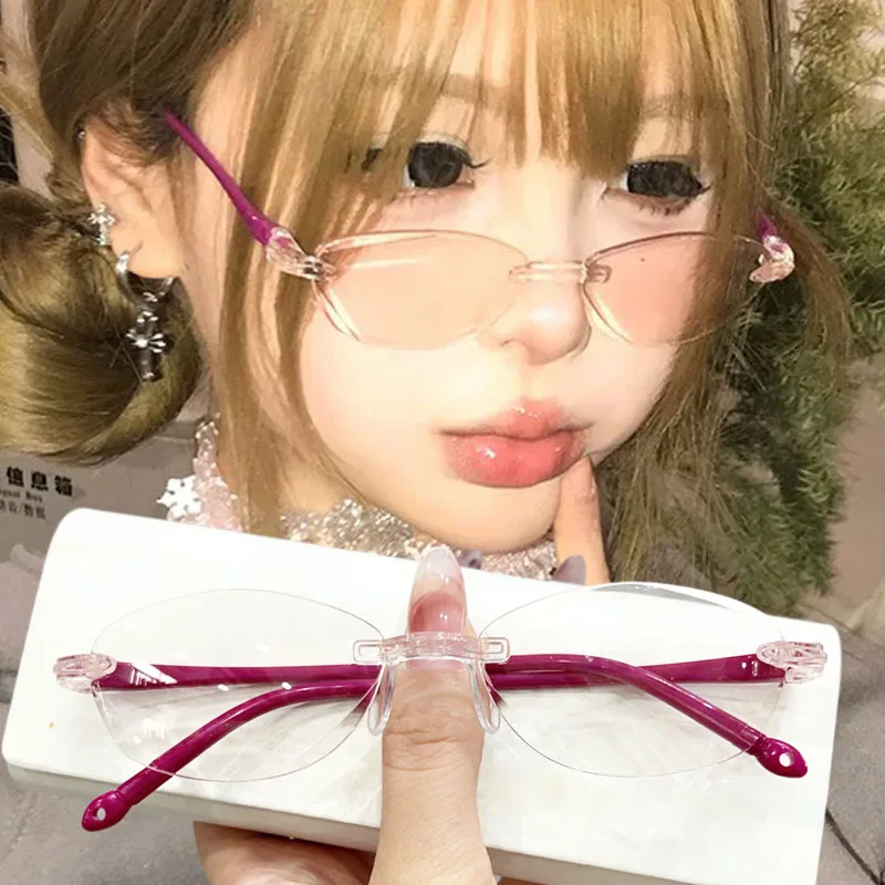 Y2k 좁은 프레임 안경 검은 색 작은 사각형 Frameless 로즈 레드 레트로 타원형 사각형 안경 안경 장식 안티 블루 안경
