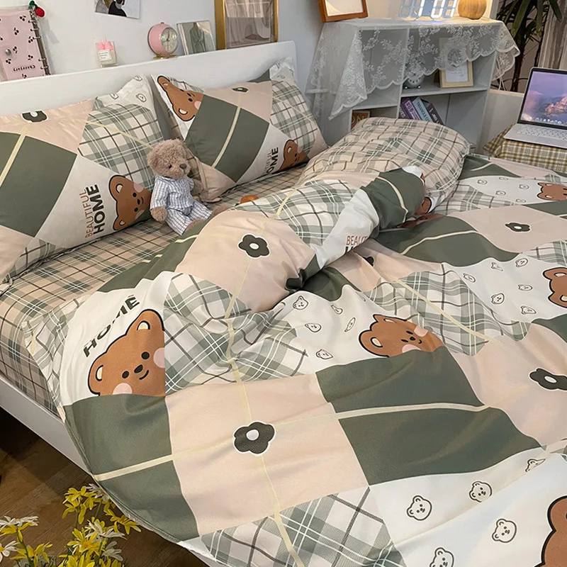 Summer Four Piece Bed Set for Single Student Dormitory Three Piece Set Cartoon Cute Brushed Quilt Cover