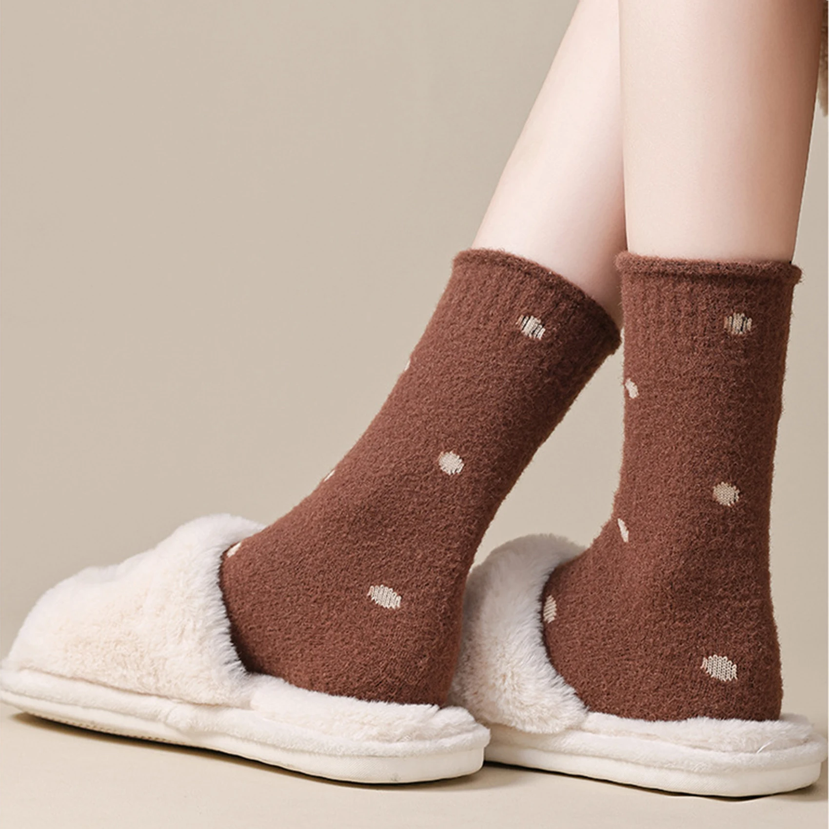 6 Pairs Dot Soft Fluffy Dot Socks Women Warm Winter Socks Cute Mid Tube Socks Brown White Pink Black Home Floor Fuzzy Socks New