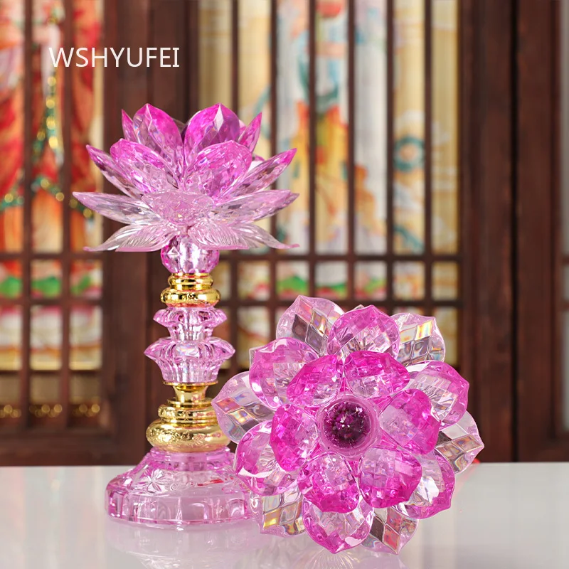 A Pair of Crystal Lotus Lamps LED Lotus Flower Buddha Statue for Buddha Offering Buddha Hall Lamp Home Decoration