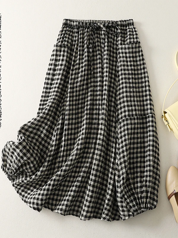 

High-End Women's Vintage Plaid Lantern Skirt Loose Elastic Waist Bloomer Skirt Trendy plus Size Summer Casual A-Line Skirt