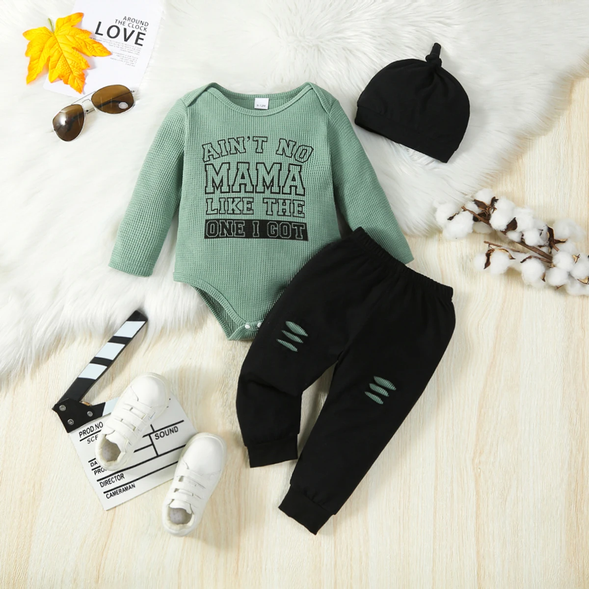 Two-piece baby boy fashion casual alphabet printed long sleeve romper and long pants set for spring and autumn
