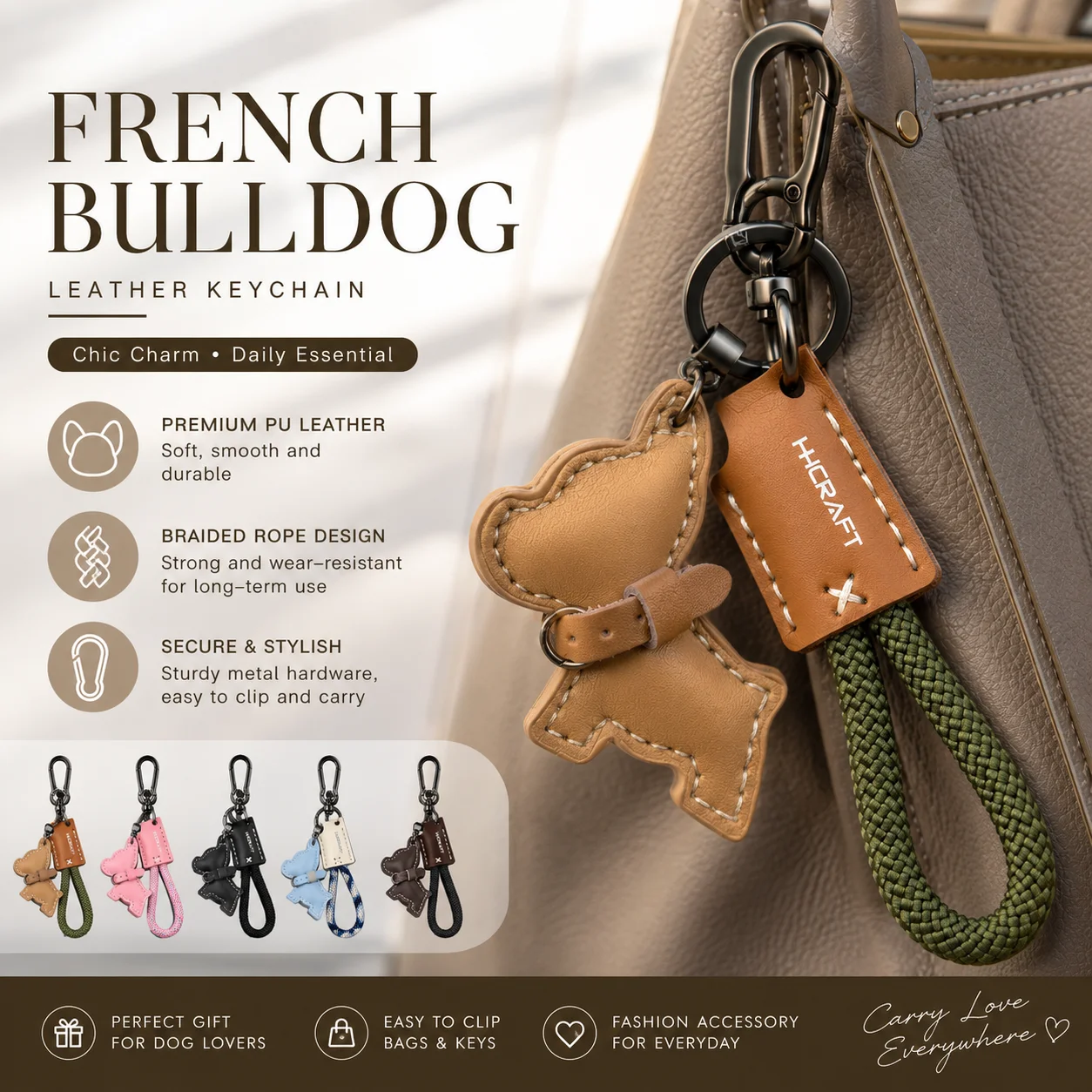 French Bulldog Keychain Leather Dog Charm Key Ring Braided Rope Car Key Holder Fashion Bag Pendant Accessories Gift For  Women
