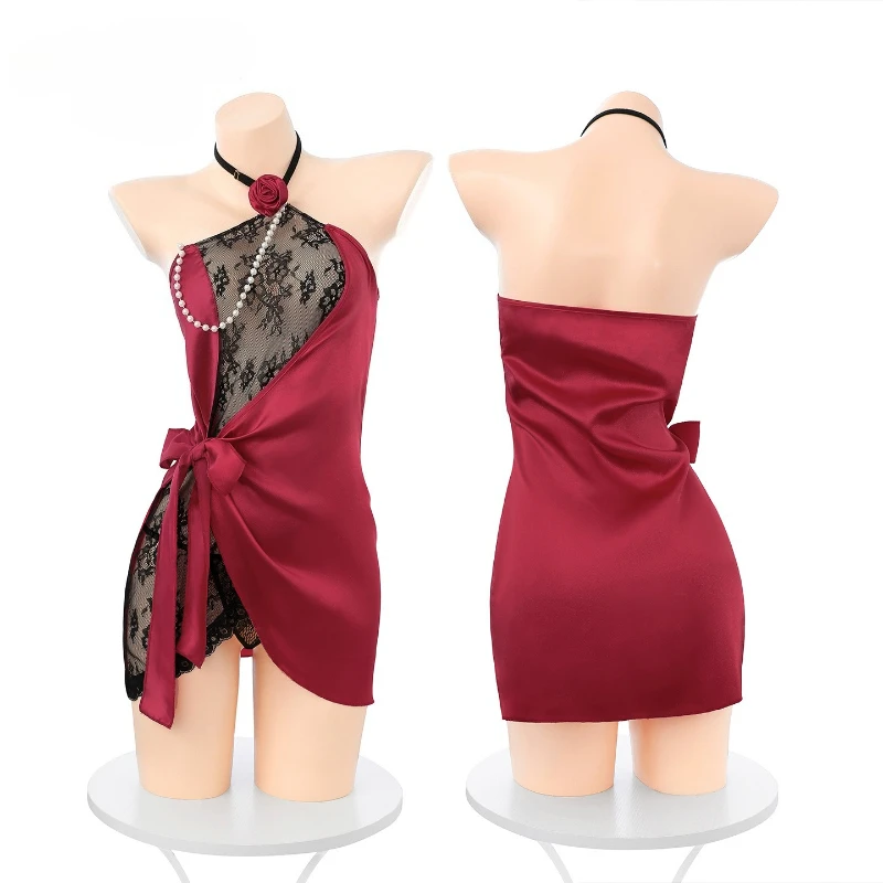 

Эротическое кружевное атласное ночное платье с боковой шнуровкой, сексуальное белье с открытым декольте, бэбидолл с лямкой через шею, без спинки, для сна и косплея