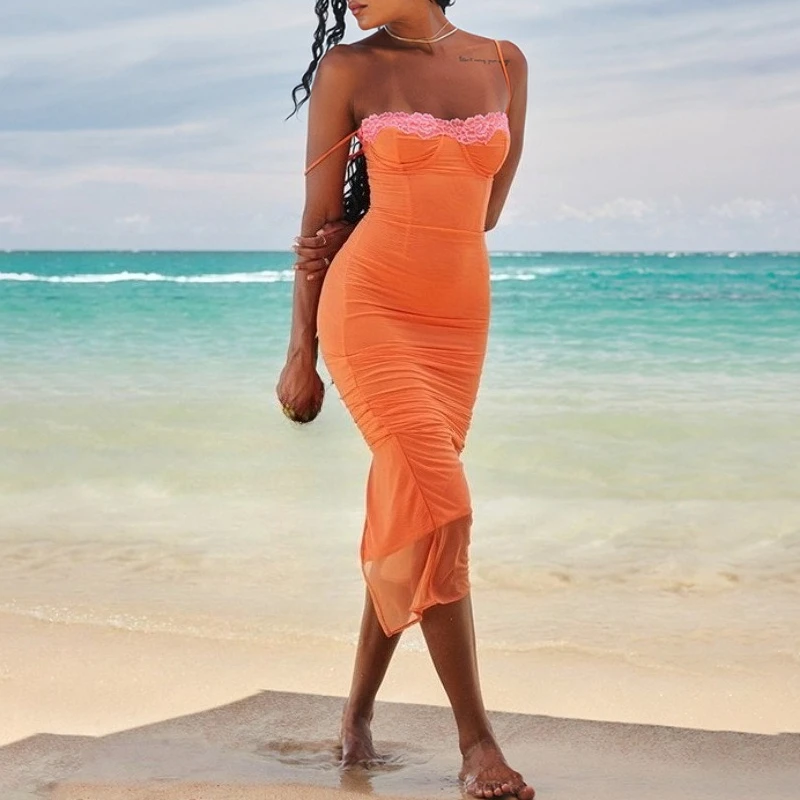 YUZHEXI Vestido de encaje doble con adornos de encaje para mujer, vestido ajustado para vacaciones y playa, fucsia, naranja, azul