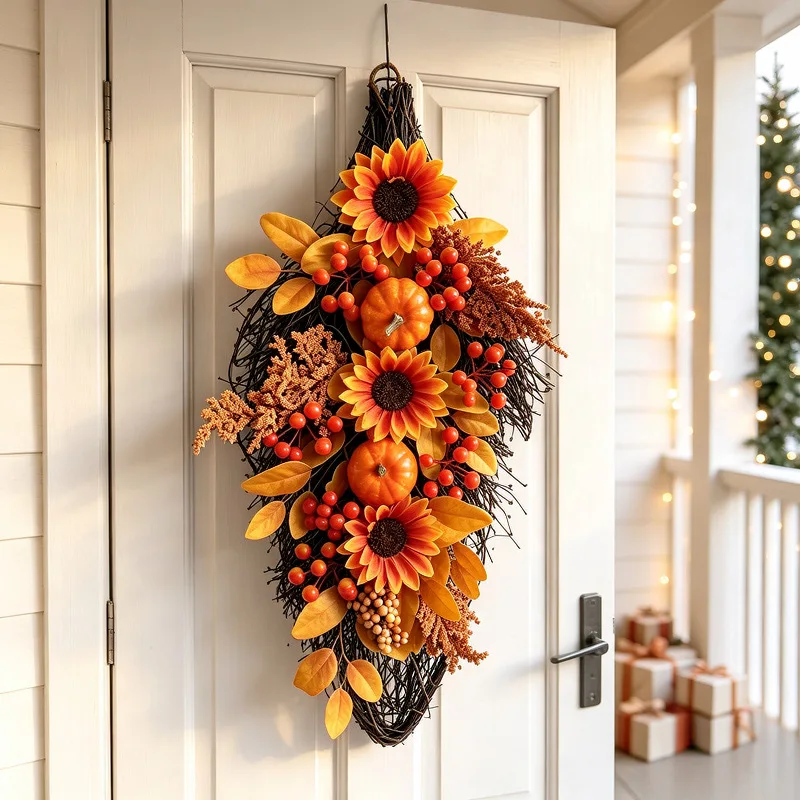 Autumn colors hanging upside down trees, sunflowers, berries, door hanging, harvest festival, Thanksgiving decoration