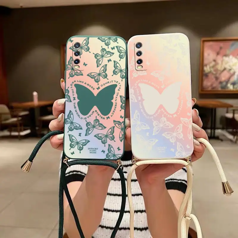 Y20 Auroral Butterfly Lanyard Silicone Phone Case For VIVO Y20 Y20i Y21T Y35 Y53 Y76 Y18 Y22 V30E V25 Y78 Y20S Y21 V23 V21 Cover