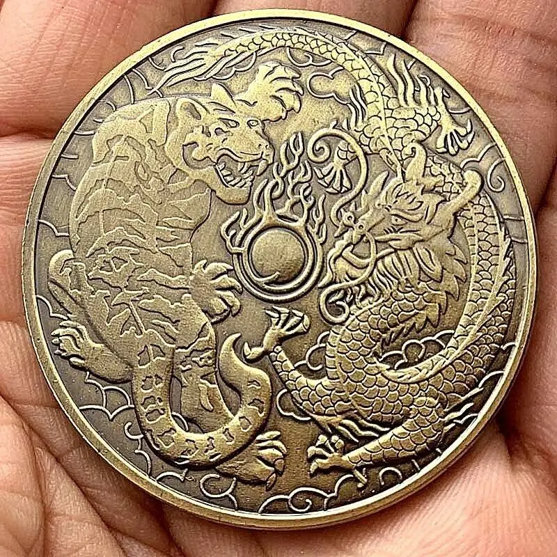Solid Brass Tiger Dragon Animal Sculpture Commemorative Coin Celect