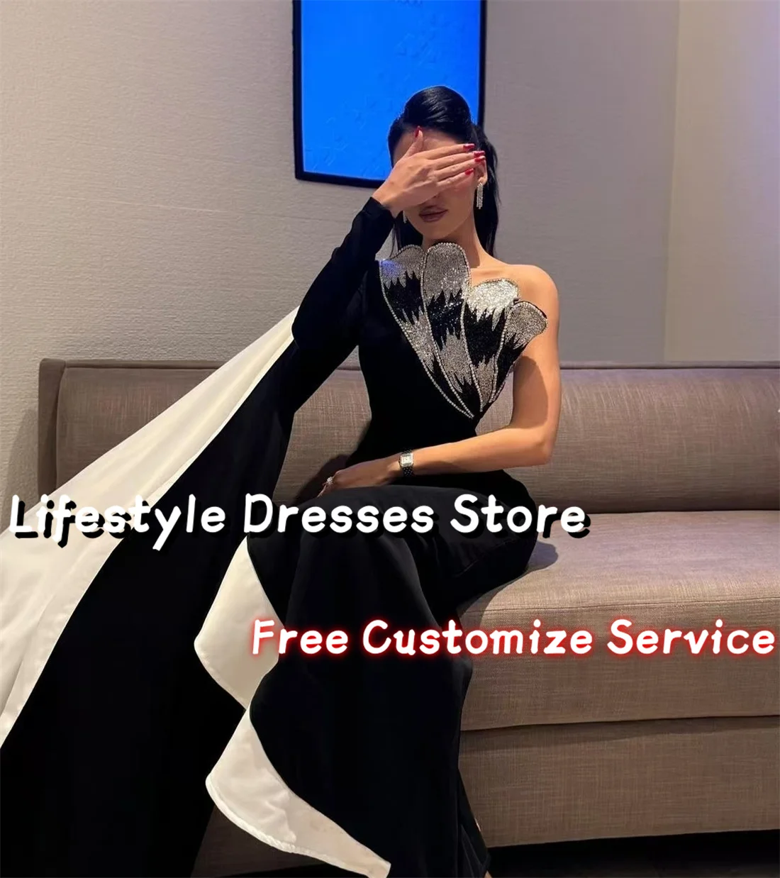 Customized One Shoulder Shiny Beads Long Sleeve Evening Dresses Slim Fit Cape Black Ivory Prom Dresses Wedding Formal Party Gown