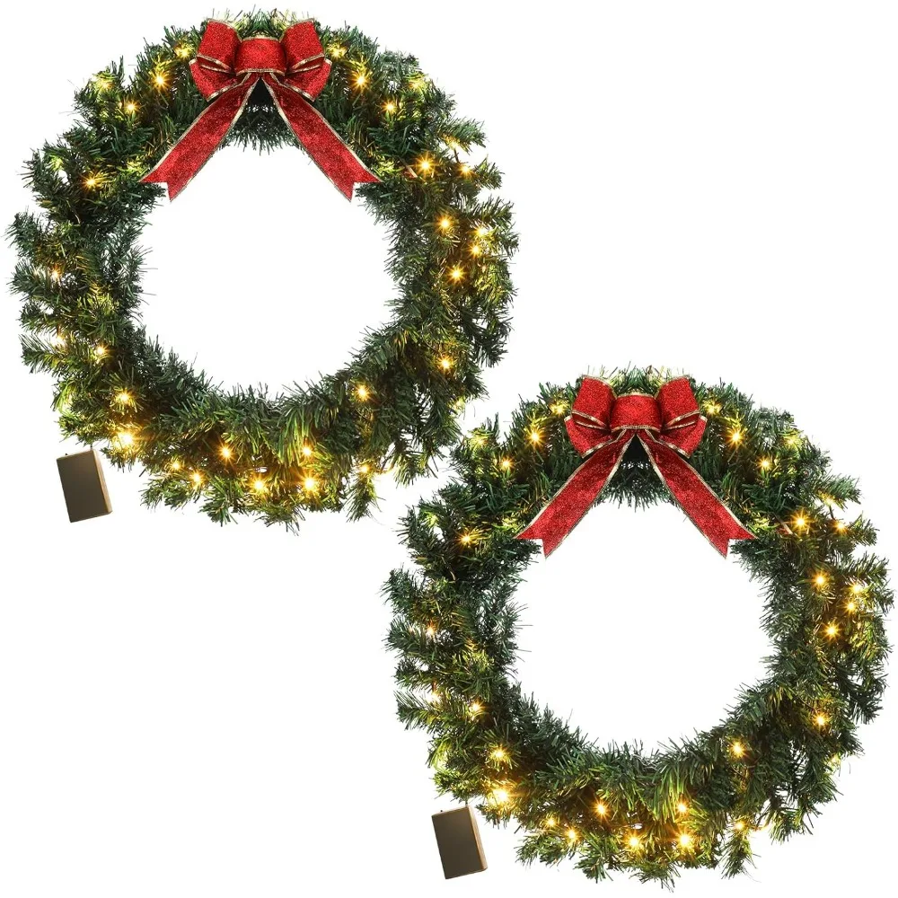 2 Pcs 24 Inch Artificial Lighted Christmas Wreath with Lights Battery Operated Wreath Ornaments with Large Red Ribbon Bow