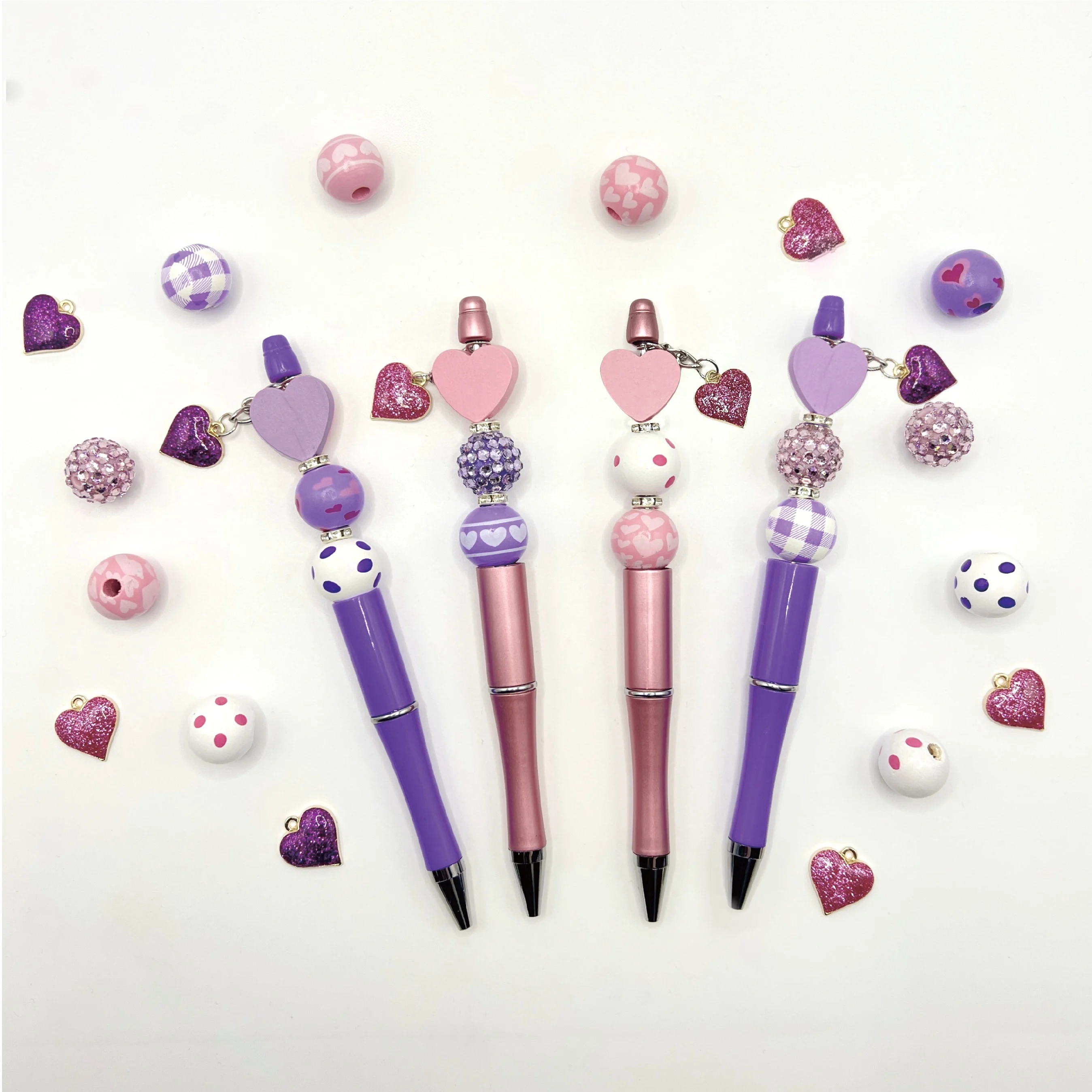 8PCS Pink Purple Love Valentine\'s Day Theme DIY Beaded Ballpoint Pen, Wood Bead, and Alloy Pendant Set,Office&Study Supply