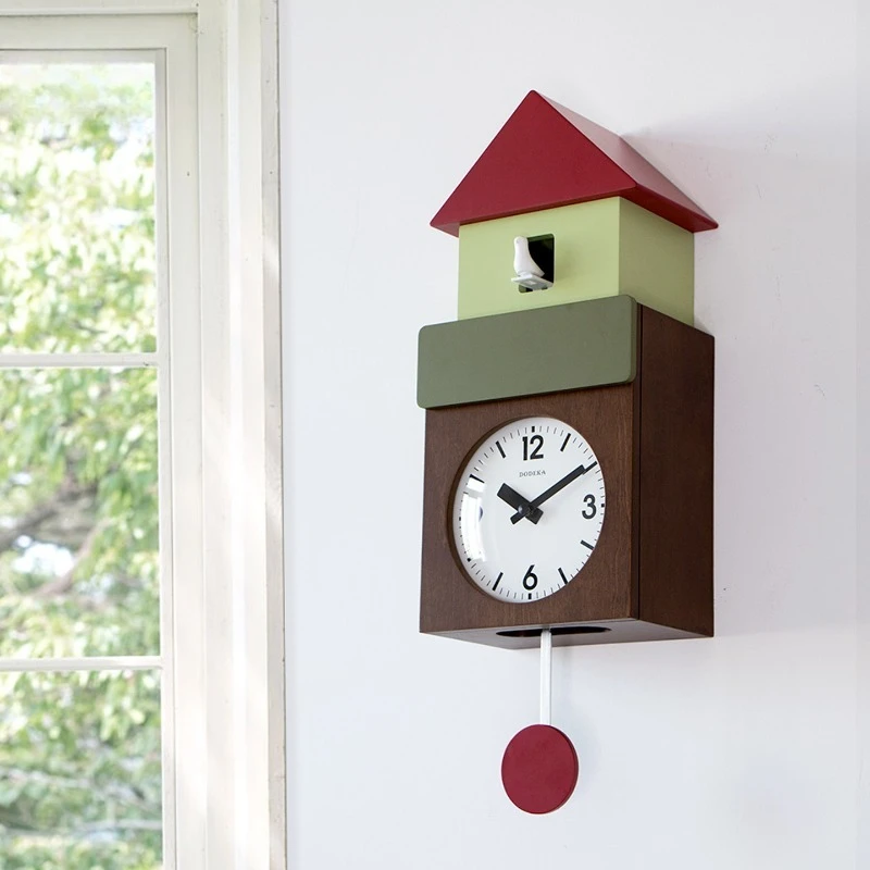 Wooden Cuckoo Wall Clock Colorful House Shape Silent Quartz Desk Clock with Swing Pendulum Bird Sound Clocks Living Room Decor