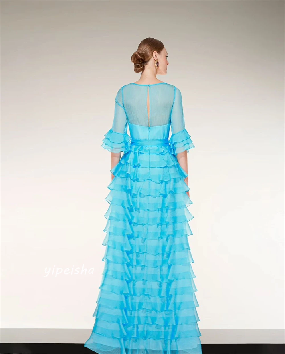 Organza Draped Tiered Ruffles Party A-line Boat Neck Bespoke Occasion Gown Long Dresses