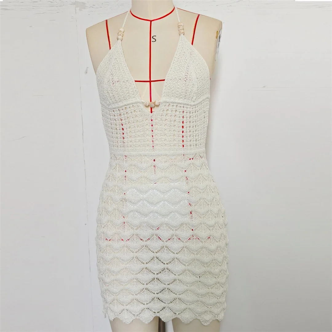 V-Ausschnitt, halterneck, rückenfrei, einfarbig, gehäkelt, gestrickt, Tunika, Strandkleid, Strandmode, Damen V8516 – Detail 9