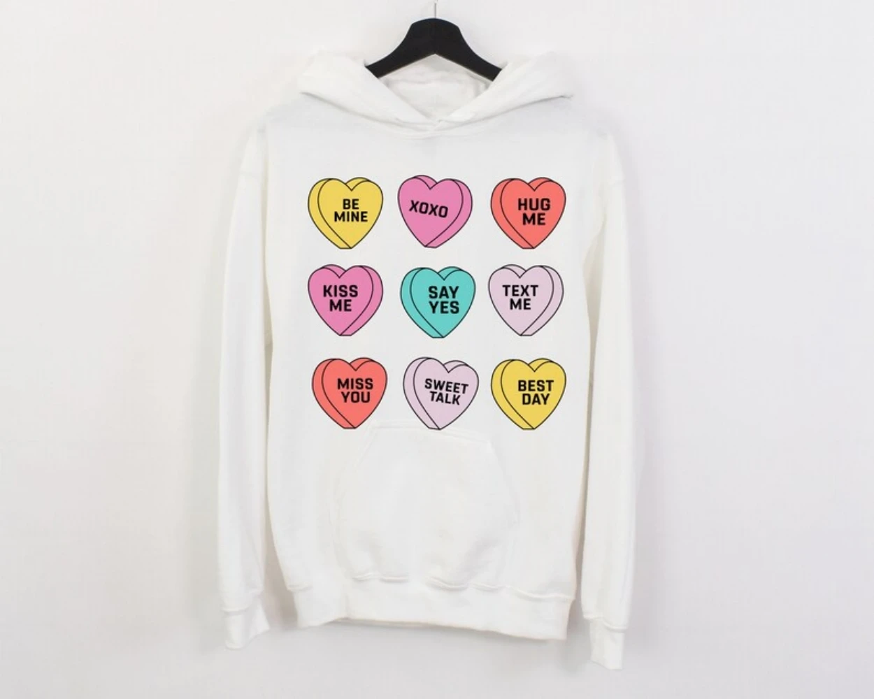 Cute Heart Hoodie Valentine\'s Day Conversation Hearts Women\'s Sweatshirt Sweet Creative Unique Rare Winter Clothes