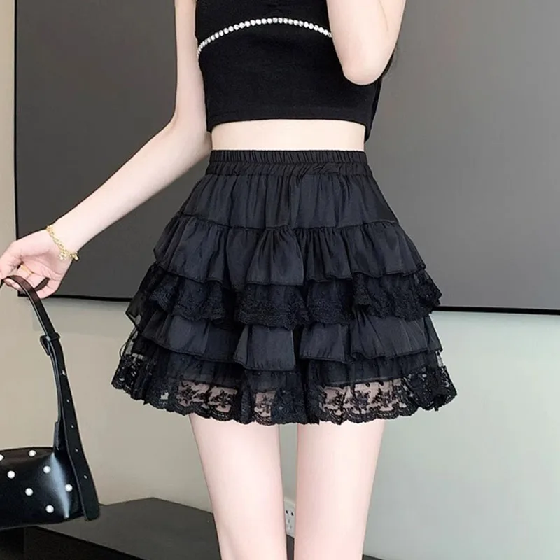 Elastische Gothic Kant Tutu Rok Vrouwen Zwart Mesh Detail Petticoat Sexy Mini Tule Rokken Party Club Wear Danser
