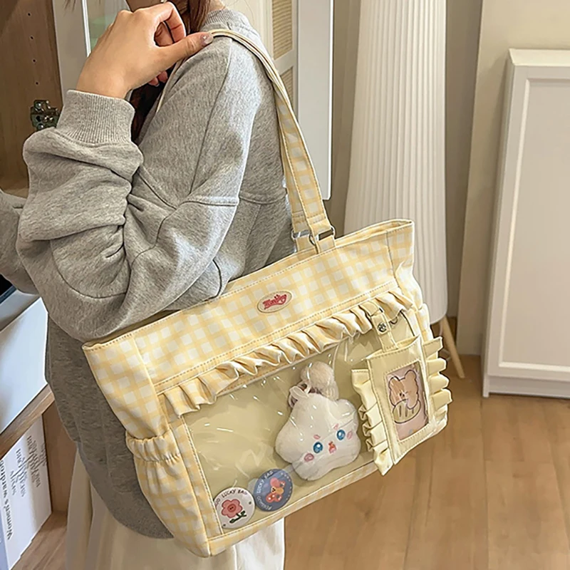 

Richme Kawaii Women Ita Bags 2025 Ruffles Plaid Large Capacity Tote Bag Harajuku Students DIY Anime Badge Shoulder Bolso Mujer