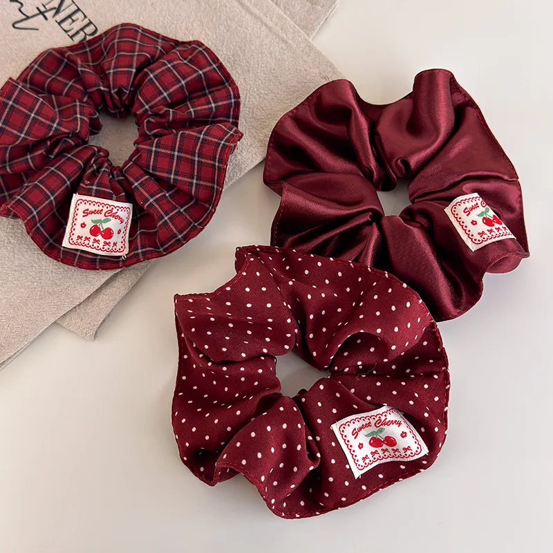Retro Red Polka Dot Plaid Fabric Label Wide Hair Tie for Women Niche High-End Bun Hair Accessory