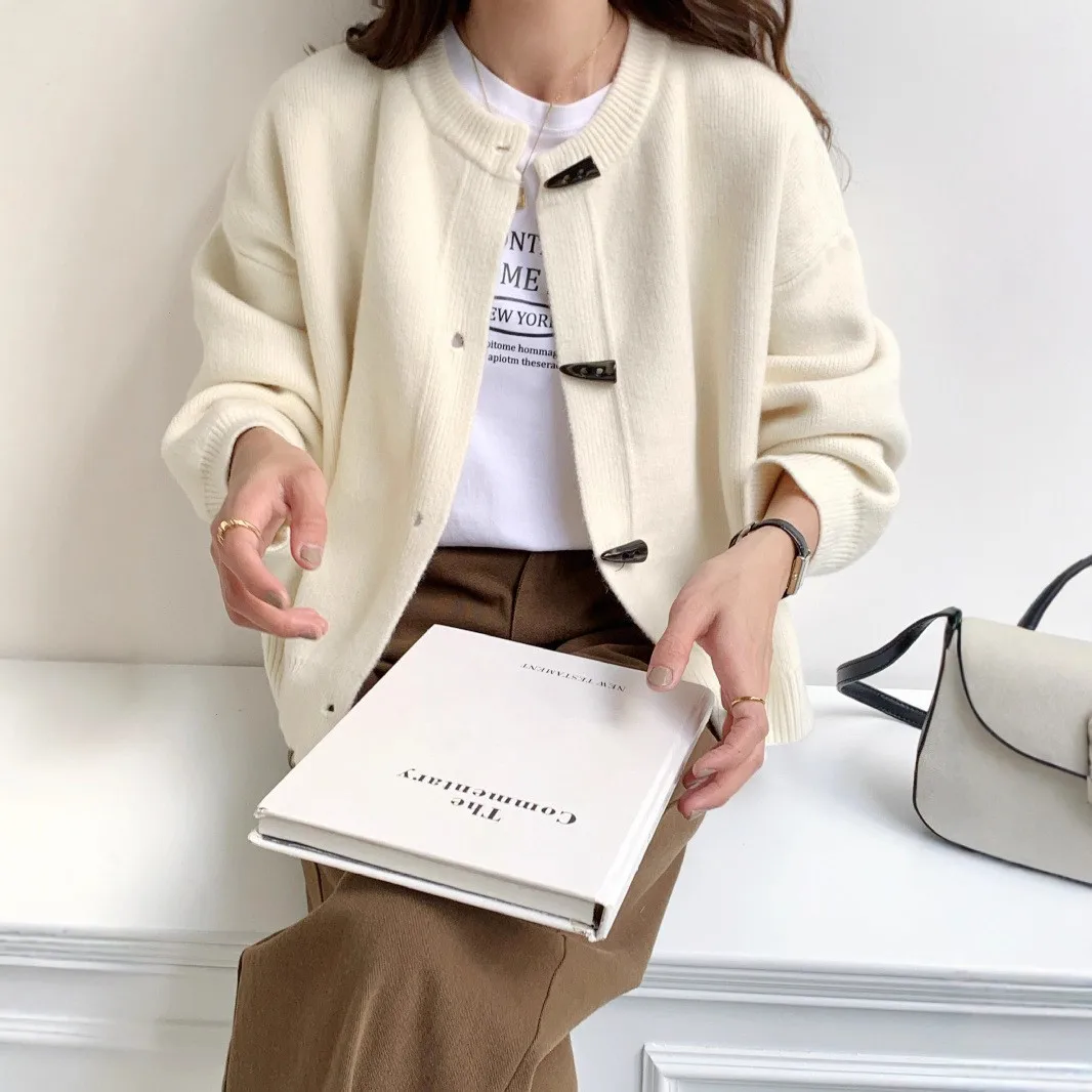Autumn Winter New Loose Knitted Cardigan Jacket Women Cow Horn Button Sweater Cardigan Loose Vintage Solid Versatile Coat