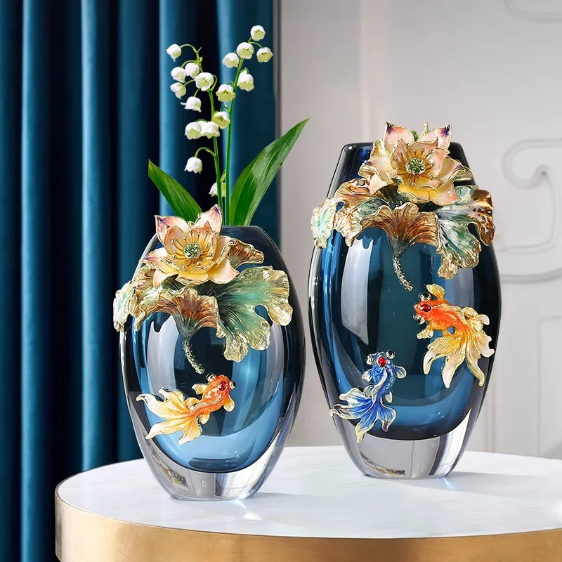 Fish play lotus leaf glazed vase high-end handicraft ornament living room wine cabinet entrance cabinet decoration