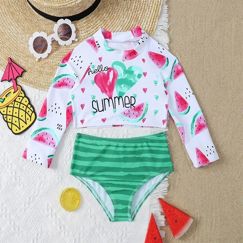 Summer Print Kids Swimwear for Girls Long Sleeves Swimming Suit Toddler Baby Girls High Waist Swimsuit Kids Beachwear