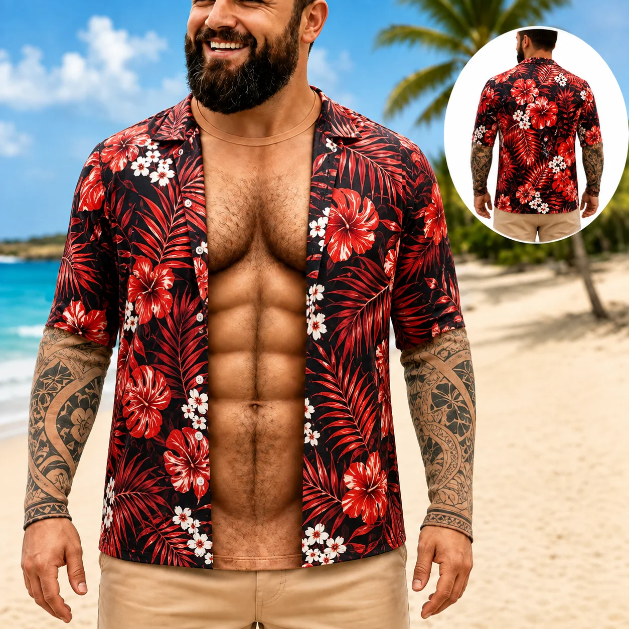 Men Funny Muscle Illusion Long Sleeve T‑Shirt, 3D Print Fake Open Hawaiian Tee, Too Hot To Handle Summer Holiday Casual Gift