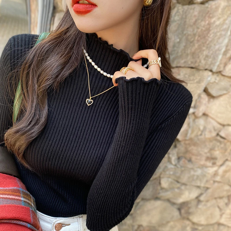 جديد شيك مريح الفطريات حافة شبه وهمية الرقبة المرأة سترة بأكمام طويلة الخريف والشتاء بلون رقيقة قاع دافئ قميص #5