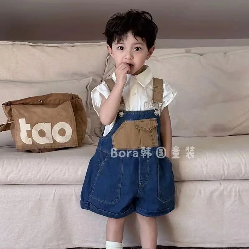 

Baby Boys Children Suits Summer Kids Fashion casual Outdoor Shirt +Loose overalls Jean Pants 2Pcs Handsome Gentleman Suits