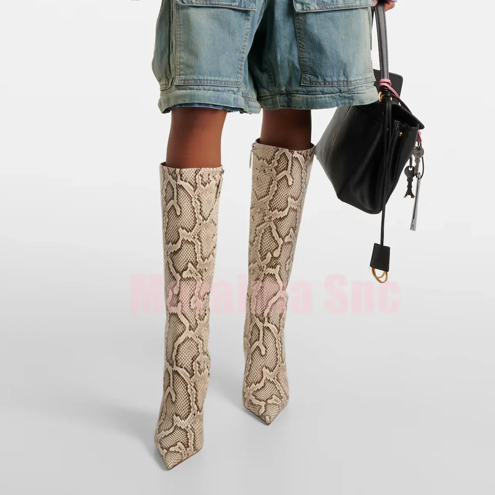 Python Pattern Pointed Toe Knee High Boots Stiletto High Heel Slip On Fashion Women's Long Boots 2025 Autumn Winter New Arrivals