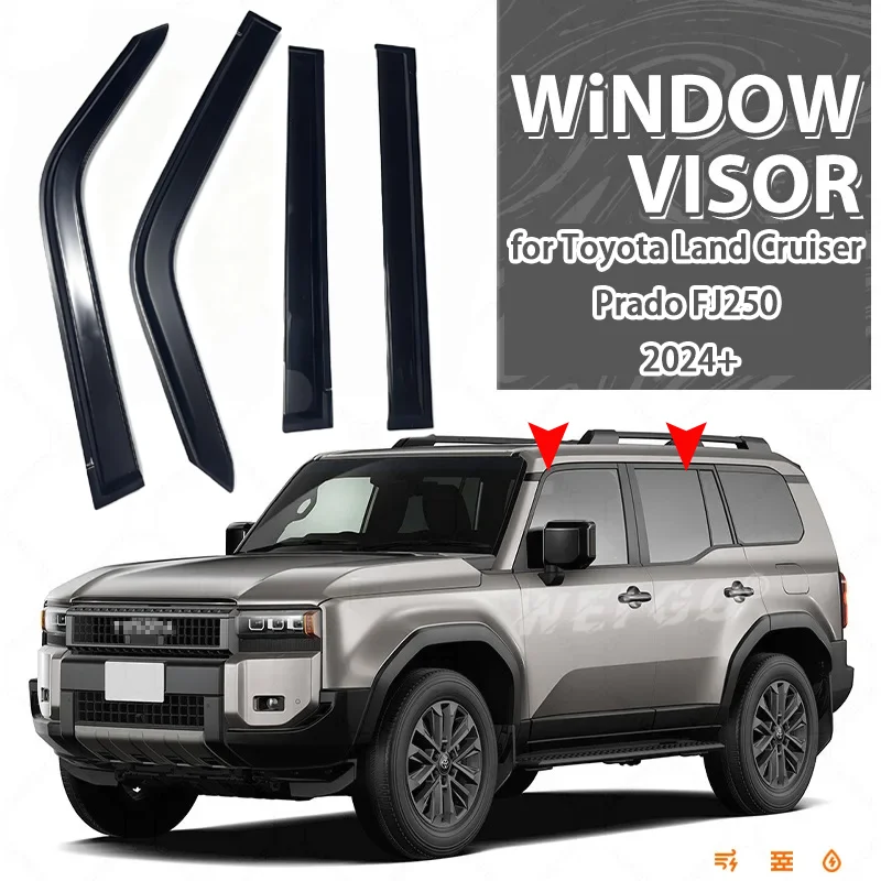 

1 комплект автомобильных солнцезащитных козырьков от дождя для Toyota Land Cruiser Prado FJ250 2024 + оконные козырьки, черные тонированные дождевики, ветровые дефлекторы