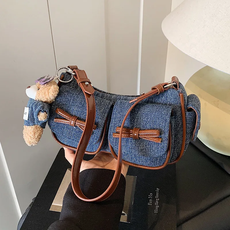 

2025 Новая модная универсальная джинсовая сумка с цветными блоками для женщин, пригородная сумка через плечо, сумка для подмышек