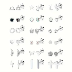 4-18-Piece Stainless Steel Stud Earrings Set: Moon, Star, Flower, Cross with Zircon Inlay - Perfect for All Occasions