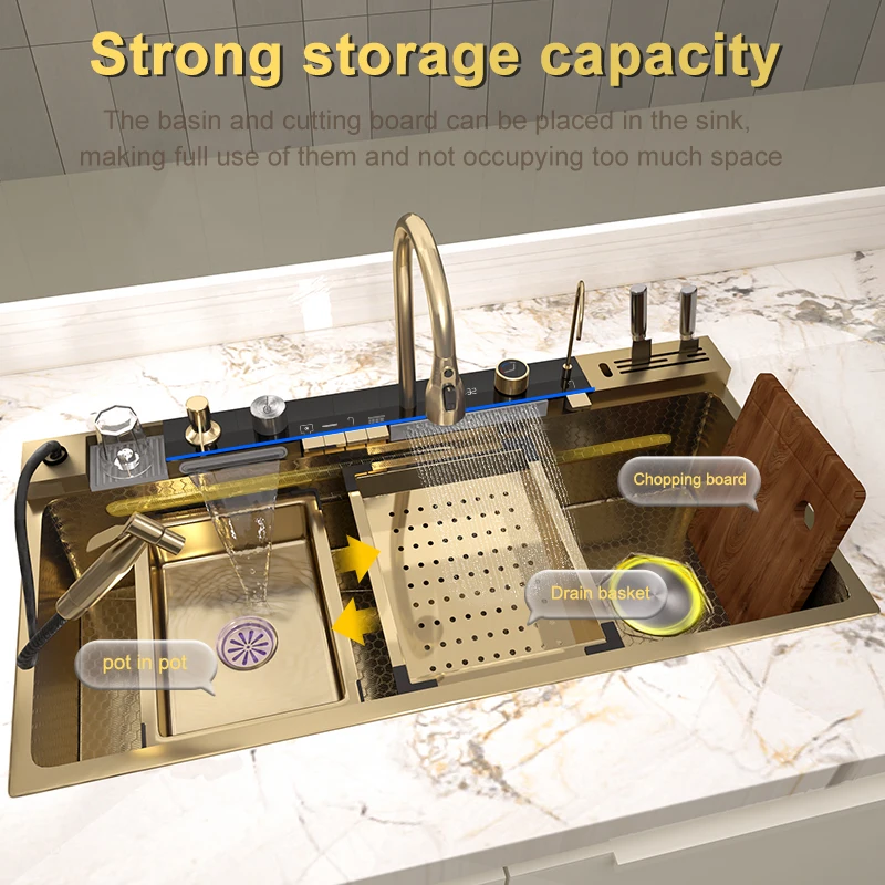 Stainless Steel Golden Kitchen Sink Multifunctional Waterfall Outlet Single Slot Piano Button Digital Display