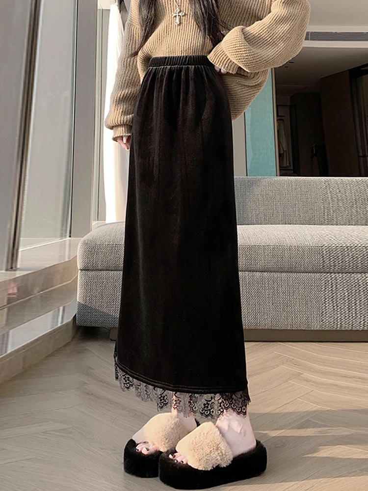 

Эластичная бархатная юбка А-силуэта с высокой талией для женщин, прямого кроя, утягивающая, с разрезом, средней длины