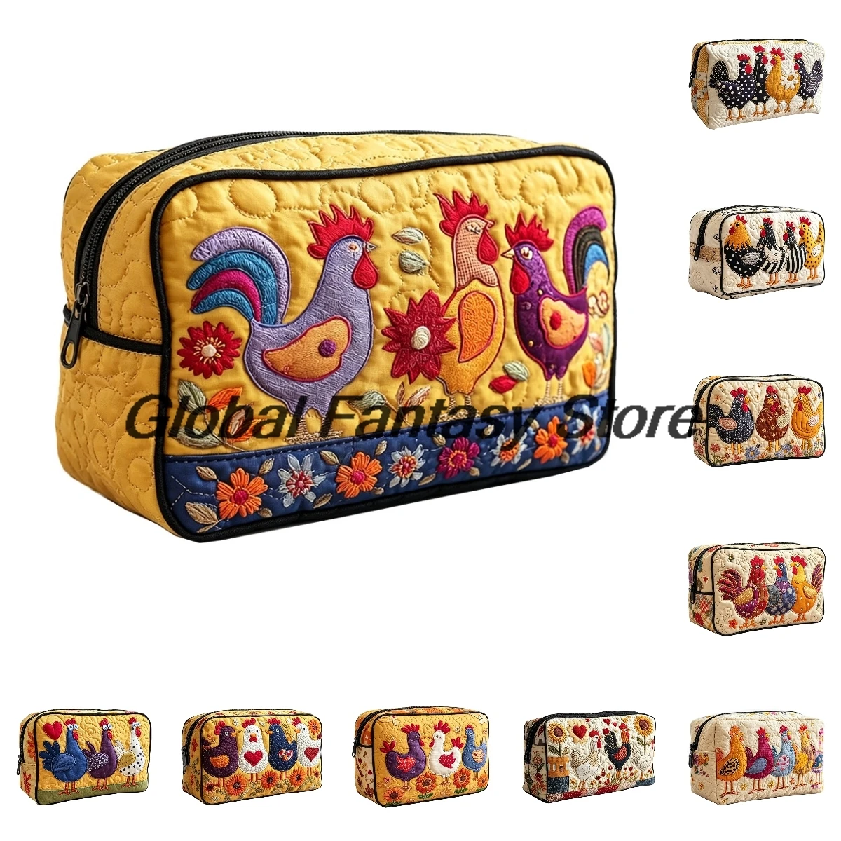 Colorful Rooster Quilted Makeup Bag Farmhouse Chicken Travel Toiletry Bag Zipper Portable Cosmetic Bag For Women