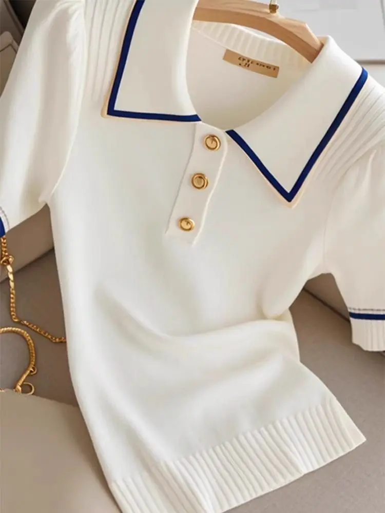 

Ladies French Fashion Vintage Patchwork Turn Down Collar Knitting Pullovers Summer Simple Slim Buttons T-shirts Women Tops Tees
