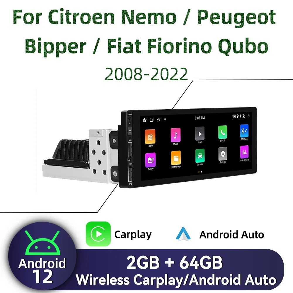 

1Din Android Radio for Citroen Nemo Peugeot Bipper Fiat Fiorino Qubo 2008-2022 Carplay Autoradio Stereo Car Multimedia Head Unit