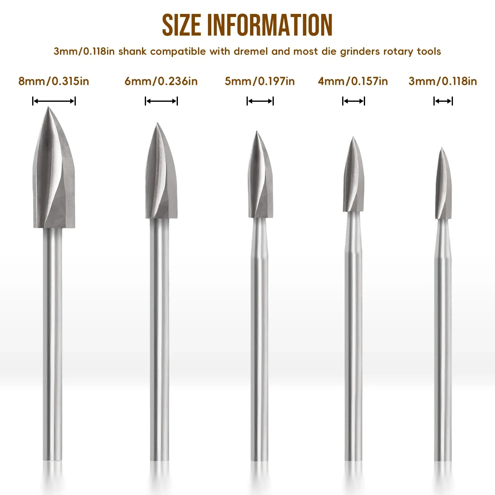 15PCS HSS Wood Carving Burr Bit Set, 1/8