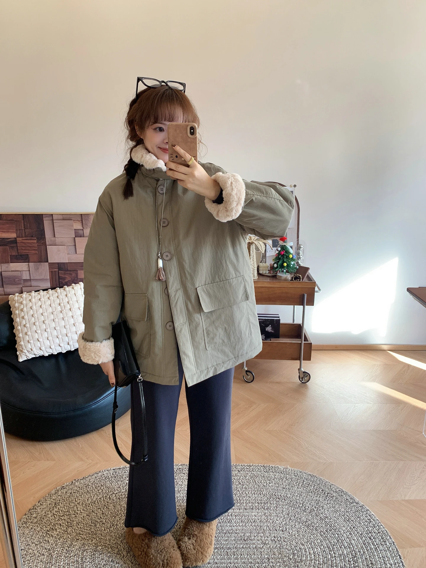 

Winter New Sle Korean Loose Splicing Fur Collar Workwear Cotton Jaet Medium Length Parka Coat Cotton Padded Jaet